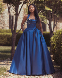 Mac Duggal #21501 sapphire satin ball gown lifestyle