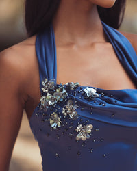 Mac Duggal #21501 sapphire ball gown lifestyle close up