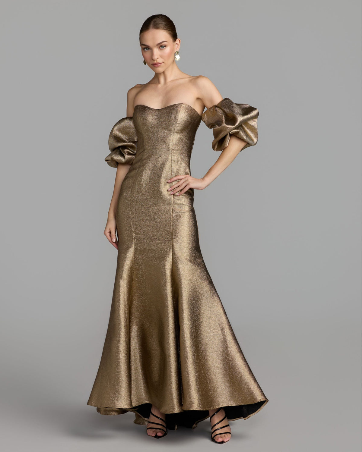 Mac Duggal #21519 gold brocade off the shoulder puff sleeve gown