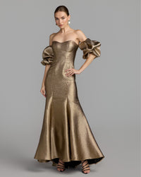 Mac Duggal #21519 gold brocade off the shoulder puff sleeve gown