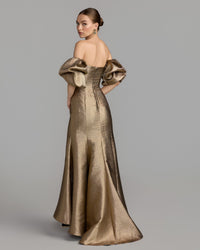 Mac Duggal #21519 gold brocade off the shoulder puff sleeve gown