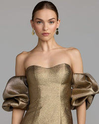 Mac Duggal #21519 gold brocade off the shoulder puff sleeve gown