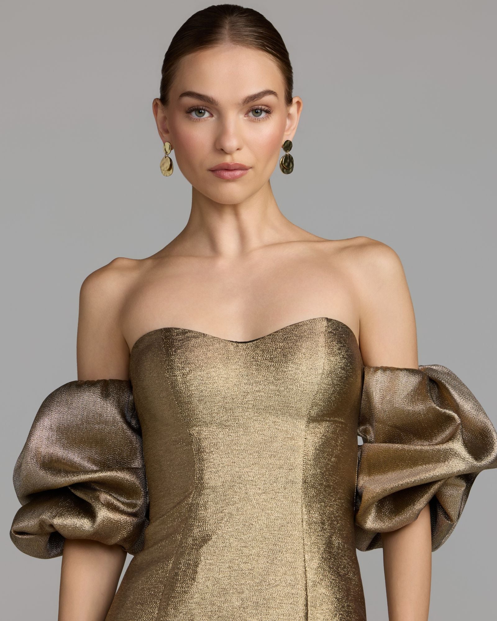 Mac Duggal #21519 gold brocade off the shoulder puff sleeve gown