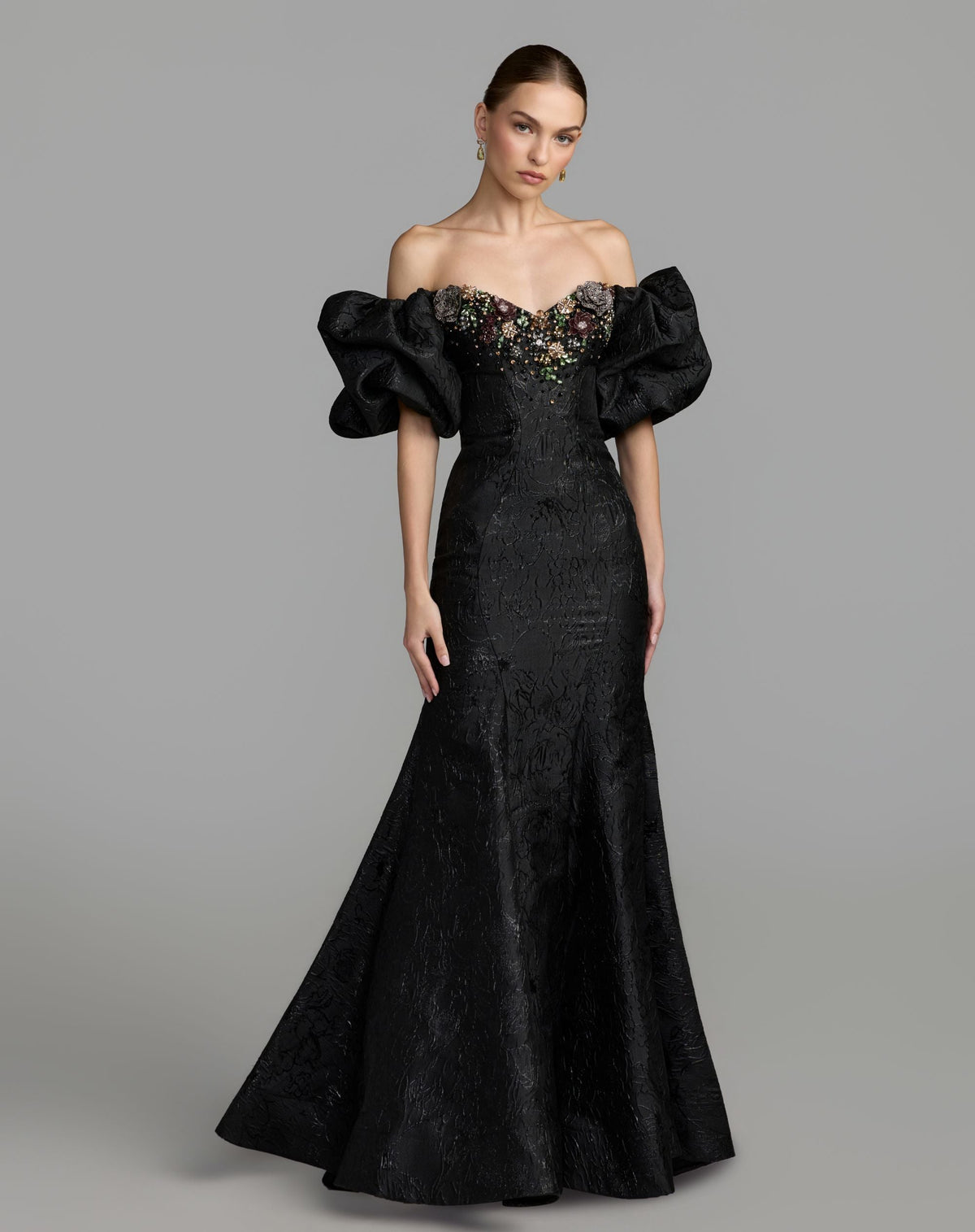 Mac Duggal #21526 black multi mermaid gown front