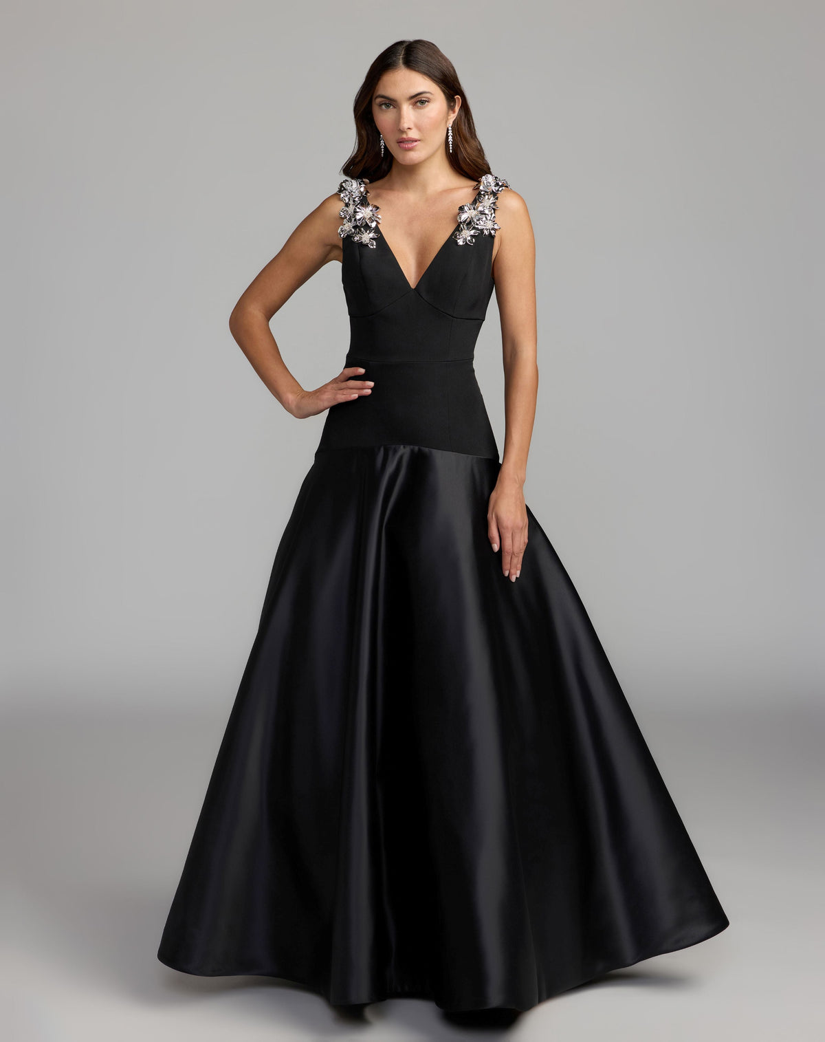 Mac Duggal #21537 black crepe and satin plunging v-neck ball gown