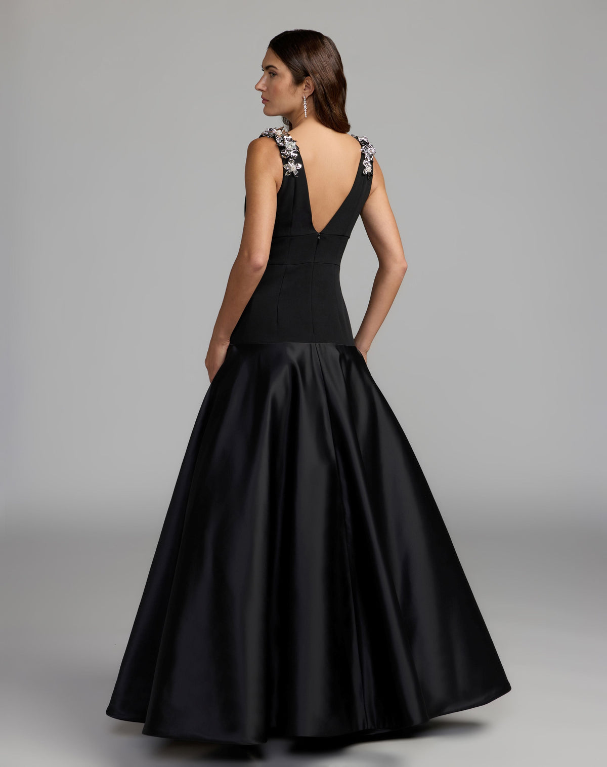 Mac Duggal #21537 black crepe and satin plunging v-neck ball gown