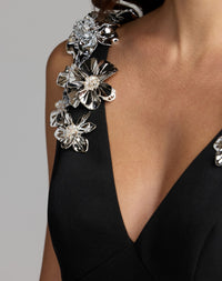 Mac Duggal #21537 black crepe and satin plunging v-neck ball gown