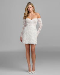 Mac Duggal #21541 ivory floral lace off shoulder mini dress