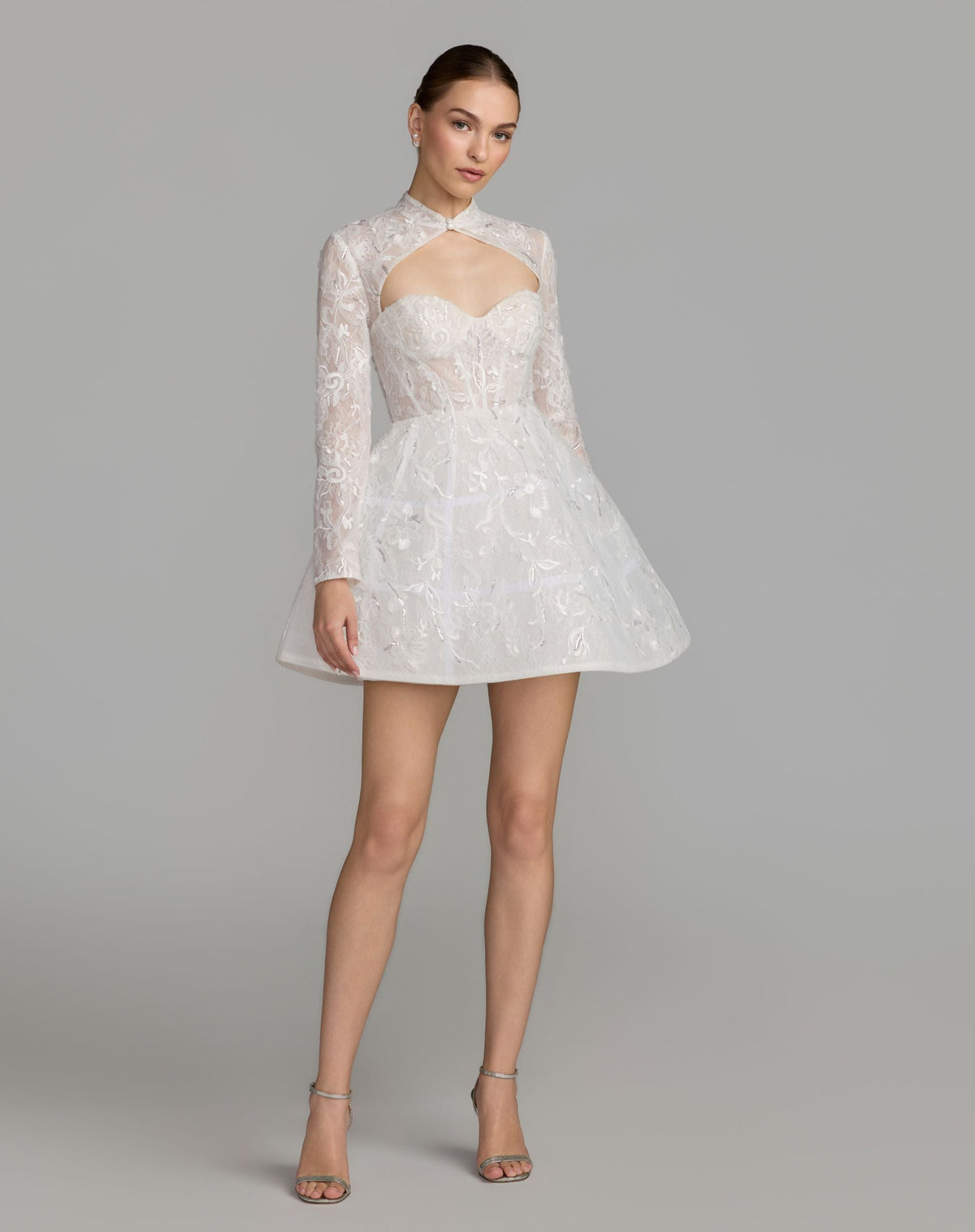 Mac Duggal #21542 ivory white long sleeve lace A-line mini dress