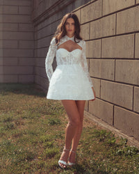 Mac Duggal #21542 ivory lace mini dress lifestyle