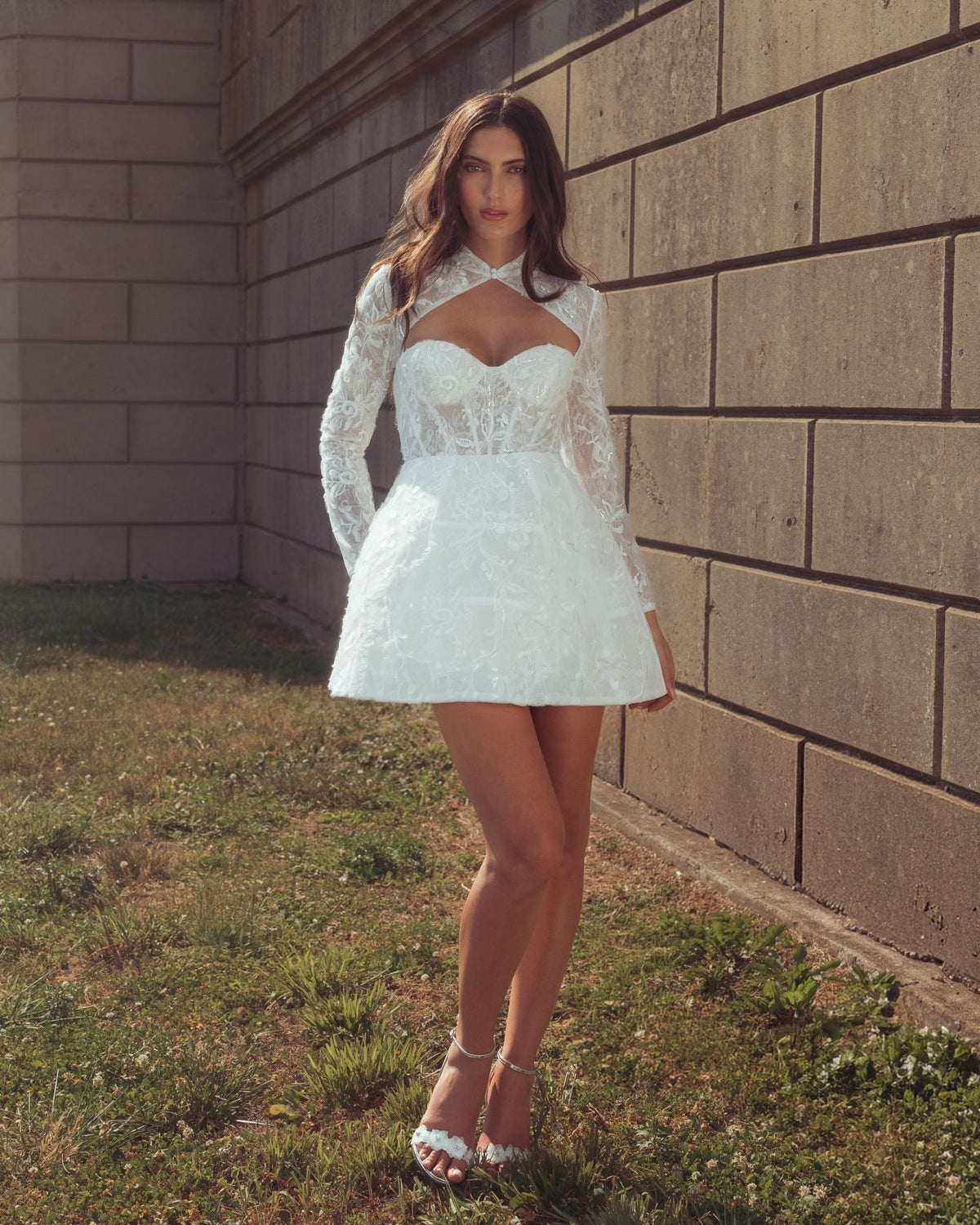 Mac Duggal #21542 ivory lace mini dress lifestyle
