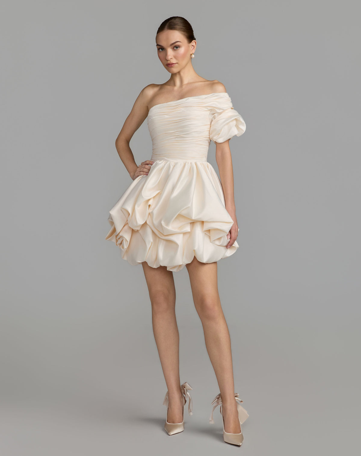 Mac Duggal #21546 ivory one shoulder bubble hem mini dress