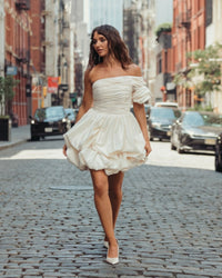 Mac Duggal #21546 ivory satin bubble mini dress lifestyle