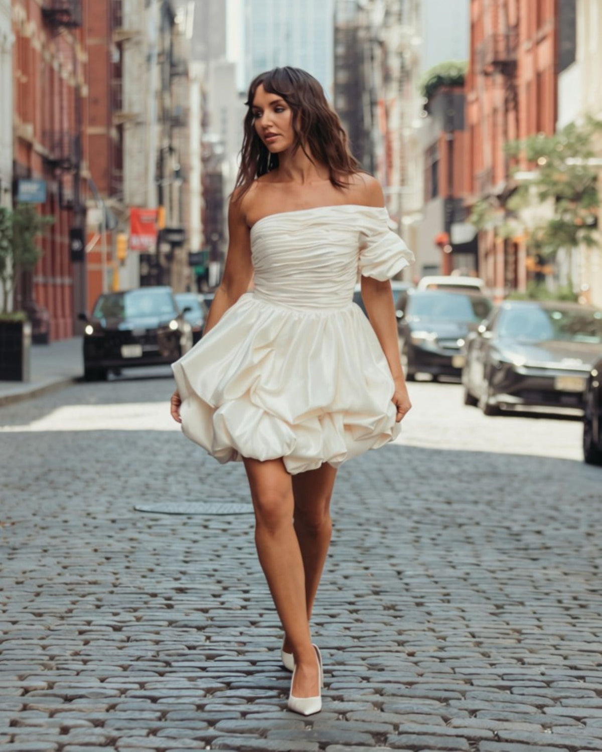 Mac Duggal #21546 ivory satin bubble mini dress lifestyle