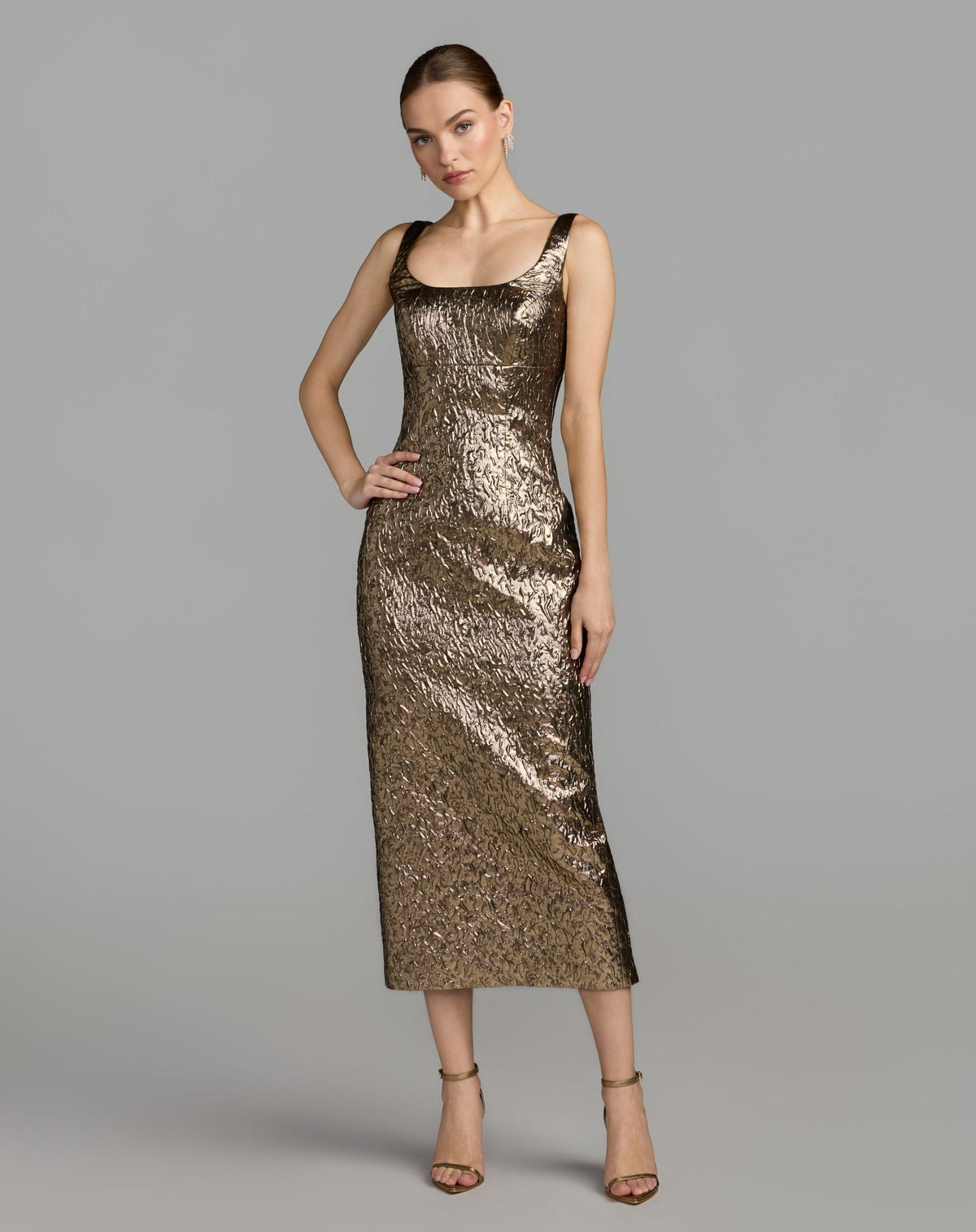 Mac Duggal #21553 gold metallic brocade scoop neck midi dress