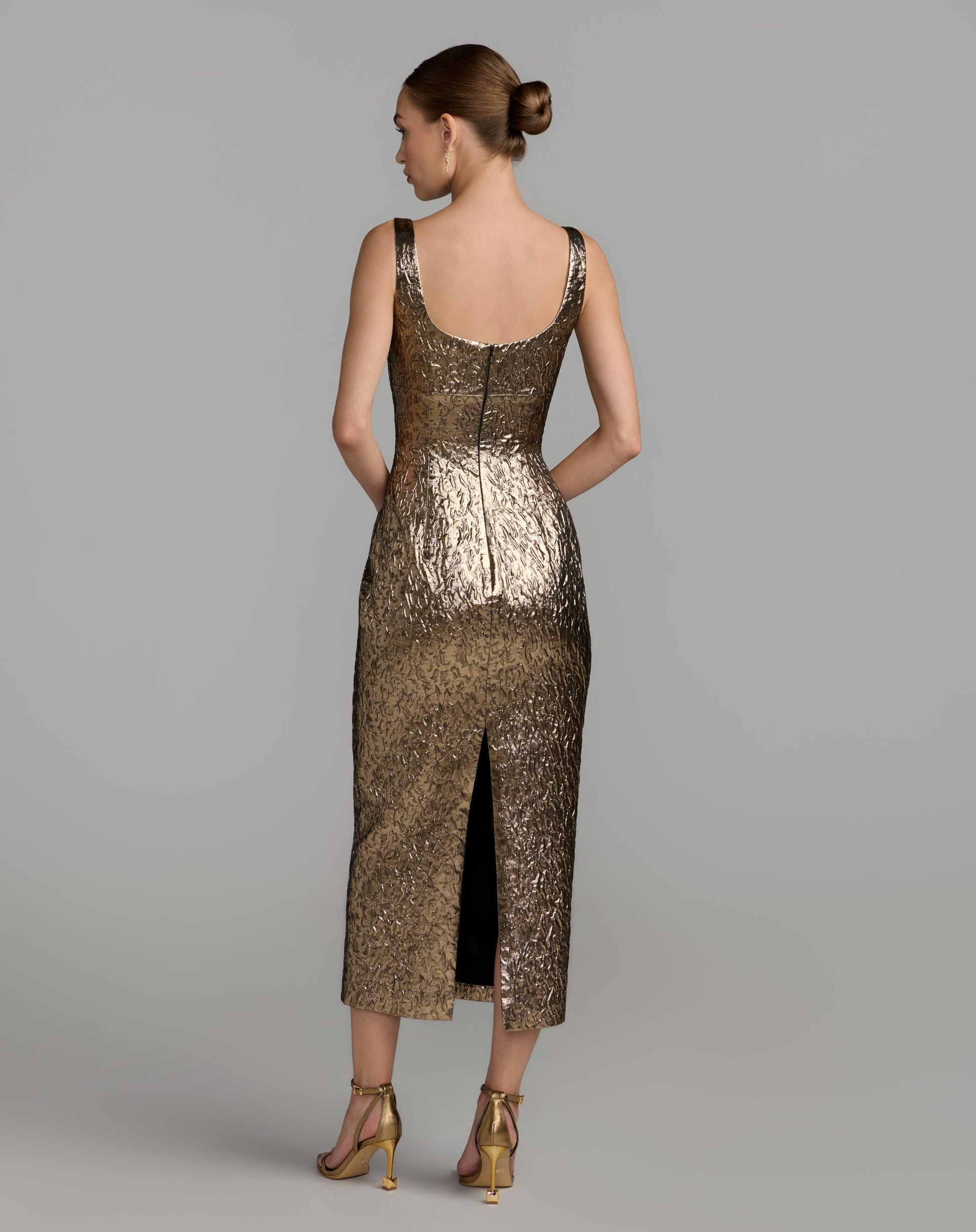 Mac Duggal #21553 gold brocade midi dress back view