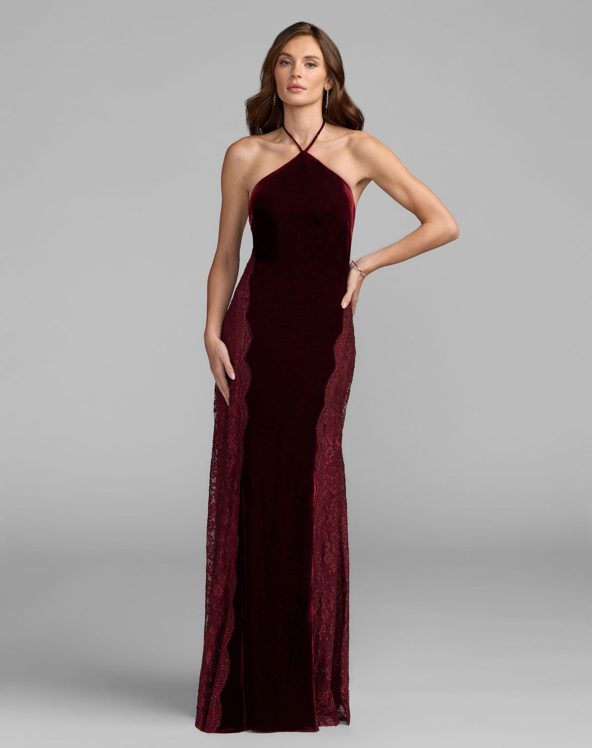 Mac Duggal #21576 burgundy velvet and lace halter column gown