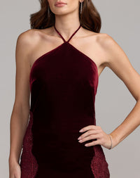 Mac Duggal #21576 burgundy velvet halter neckline close-up
