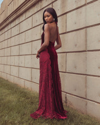 Mac Duggal #21576 burgundy halter gown open back lifestyle