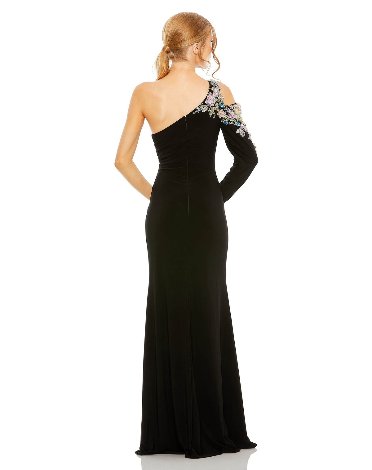 Mac Duggal Style # 2204 One shoulder long sleeve floral embellished gown - Black back view