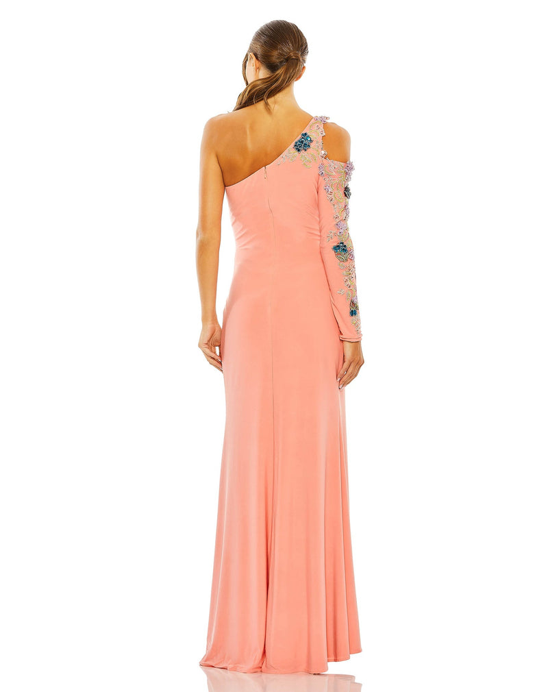 Mac Duggal Style # 2204 One shoulder long sleeve floral embellished gown - Pink back view