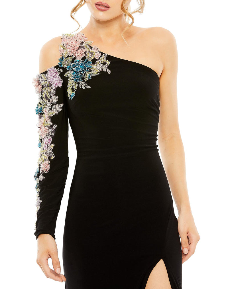 Mac Duggal Style # 2204 One shoulder long sleeve floral embellished gown - Black close up