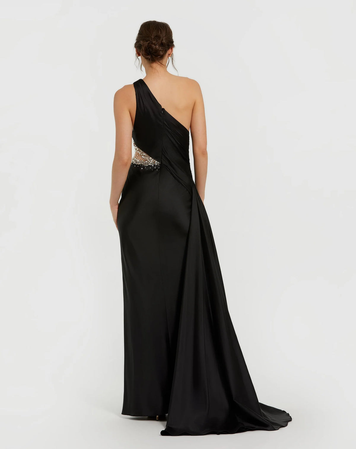 Pink sleeveless asymmetric embellished satin gown with cut-out waist