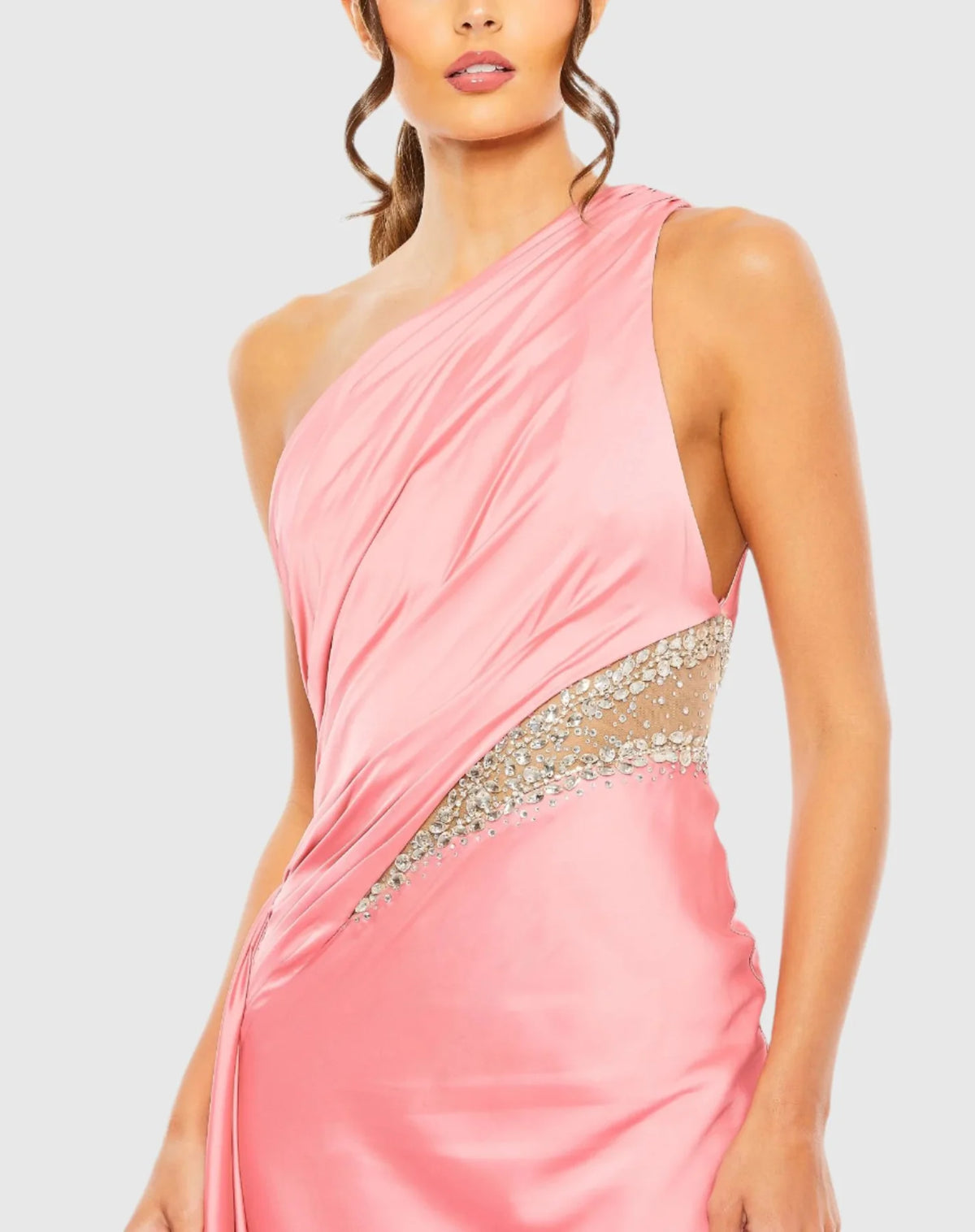 Baby blue sleeveless asymmetric embellished satin gown with cut-out waist