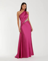Mac Duggal #2210 Magenta one shoulder charmeuse gown with beaded cutout