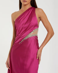 Mac Duggal #2210 Magenta one shoulder charmeuse gown detail