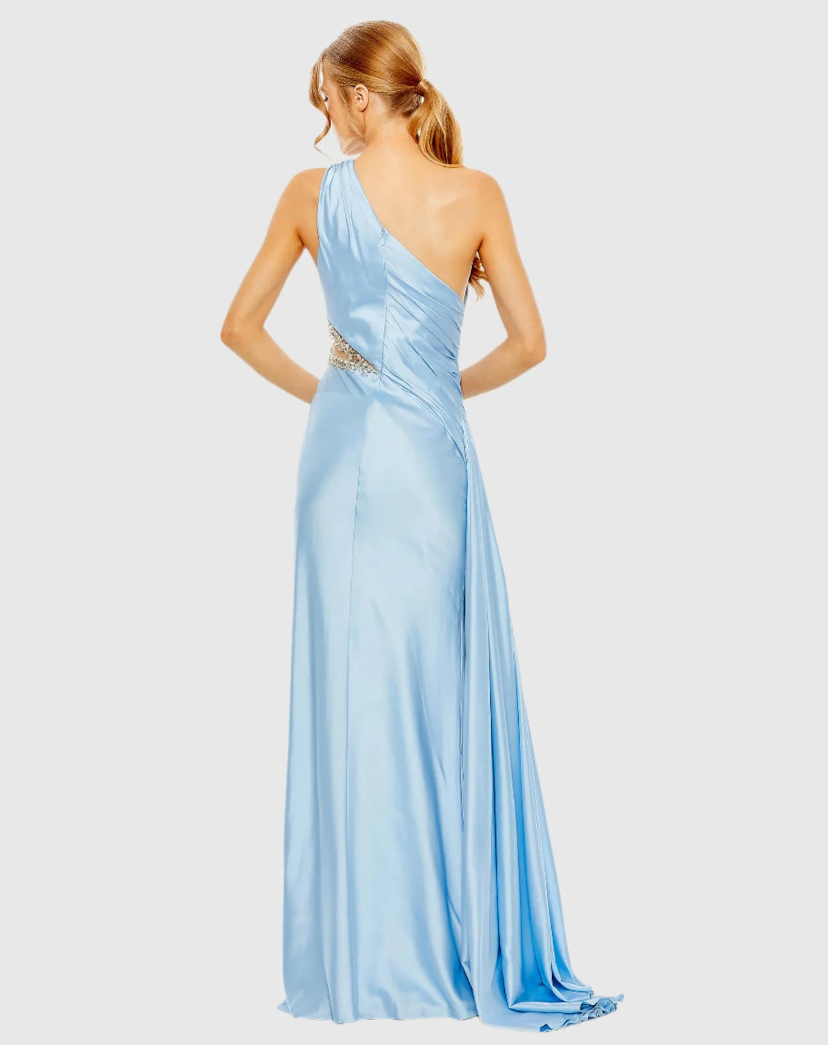 Baby blue sleeveless asymmetric embellished satin gown with cut-out waist