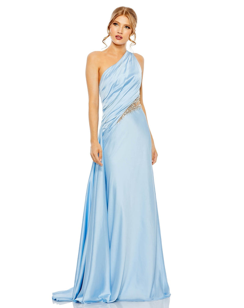 ONE SHOULDER EMBELLISHED SATIN GOWN back Style #2210 Designer: Mac Duggal front