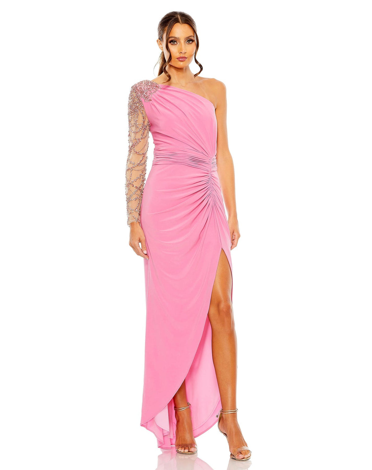 Style #2215 Designer: Mac Duggal EMBELLISHED ONE SHOULDER LONG SLEEVE GOWN, pink