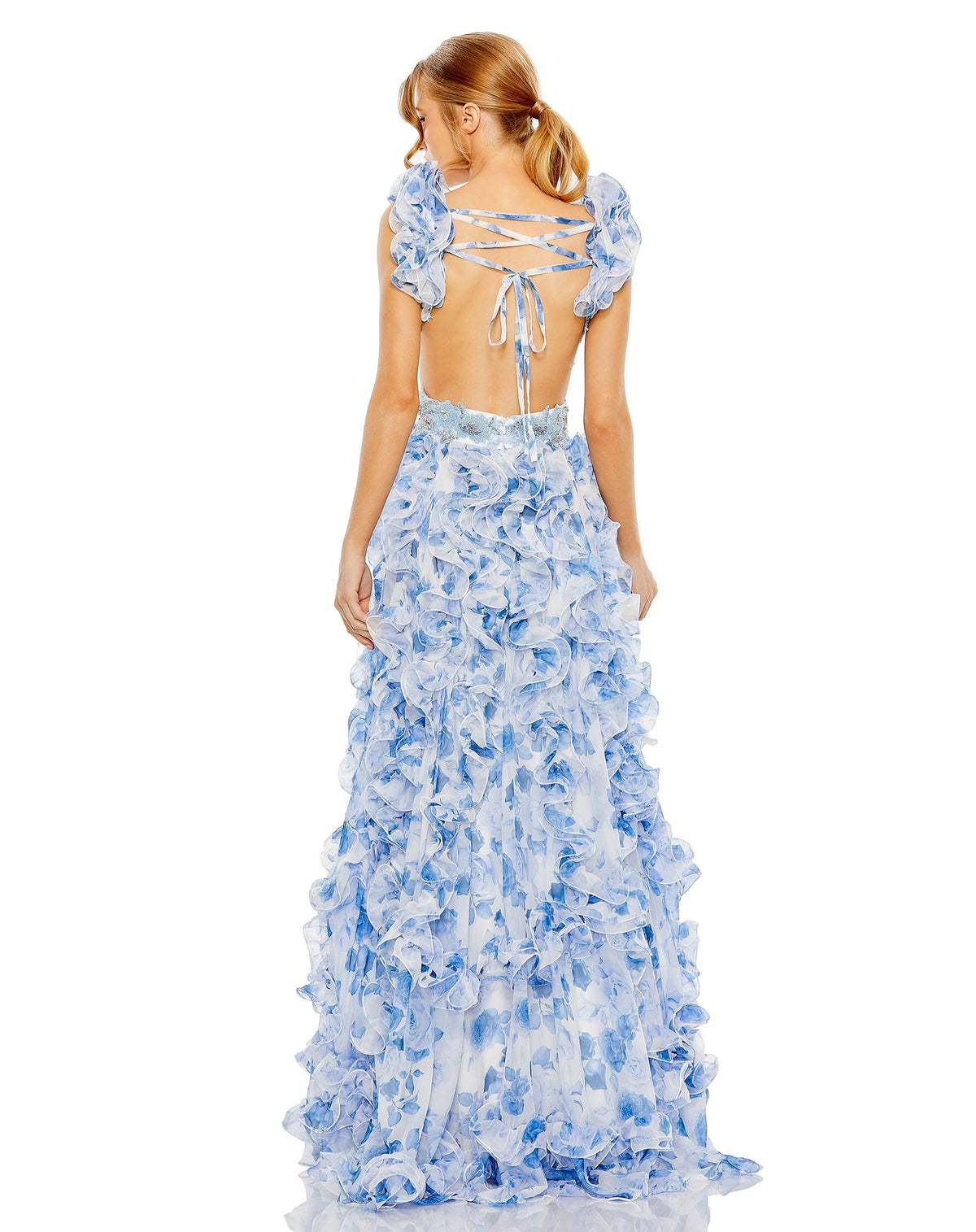 Mac Duggal RUFFLE TIERED CAP SLEEVE CUT OUT OPEN BACK GOWN blue 