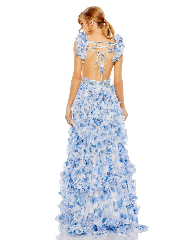 Mac Duggal RUFFLE TIERED CAP SLEEVE CUT OUT OPEN BACK GOWN blue 