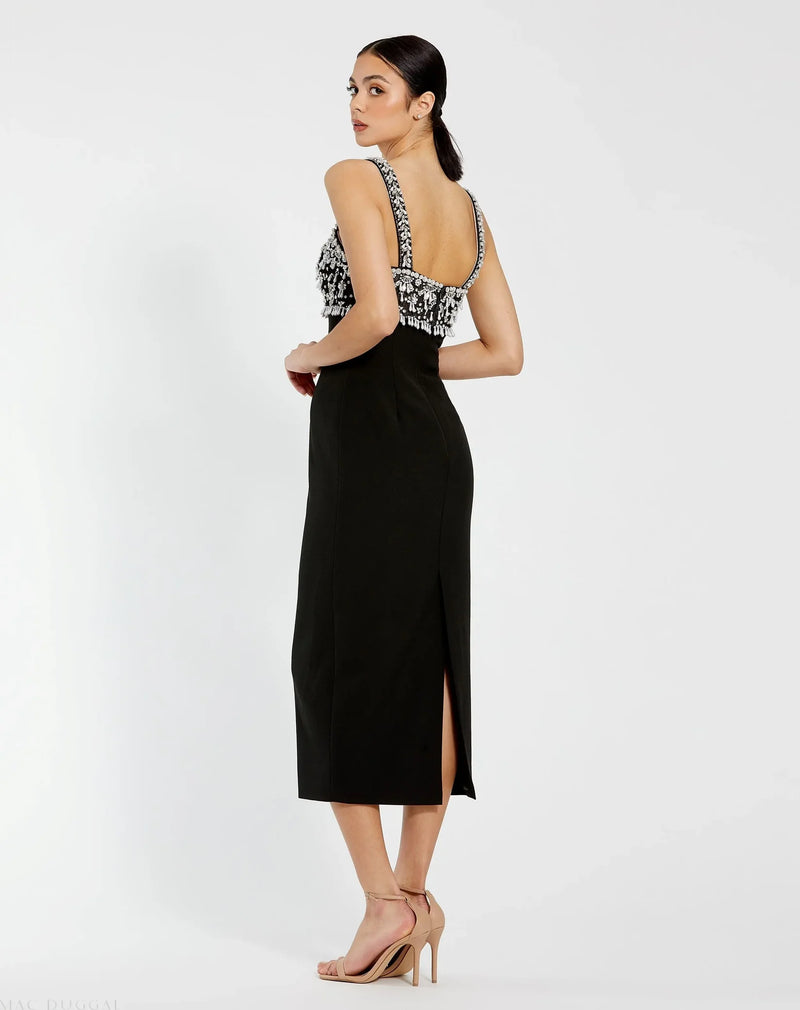 Wide Strap Embellished Top Midi Dress - Black