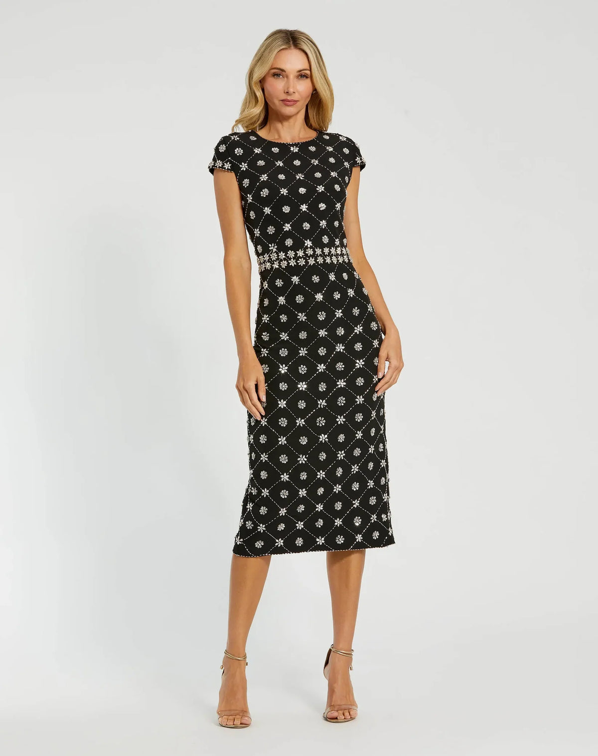 Mac Duggal 2234 Black crepe embellished high neck cap sleeve midi dress - front