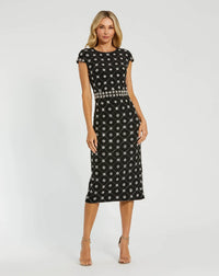 Mac Duggal 2234 Black crepe embellished high neck cap sleeve midi dress - front