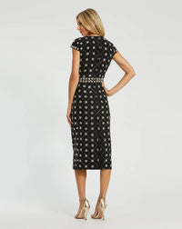 Mac Duggal 2234 Black crepe embellished high neck cap sleeve midi dress - back