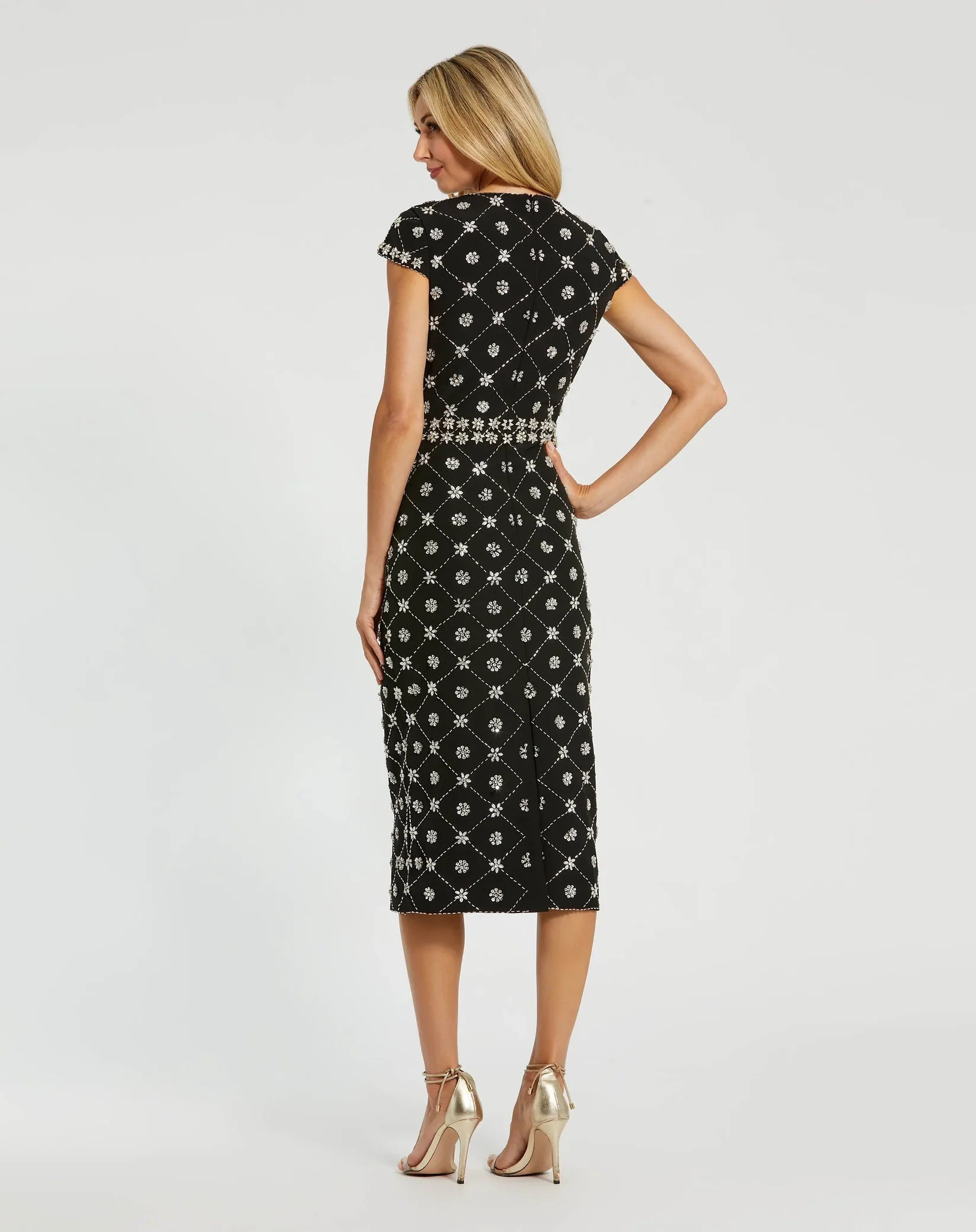 Mac Duggal 2234 Black crepe embellished high neck cap sleeve midi dress - back