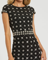 Mac Duggal 2234 Black crepe embellished high neck cap sleeve midi dress - detail