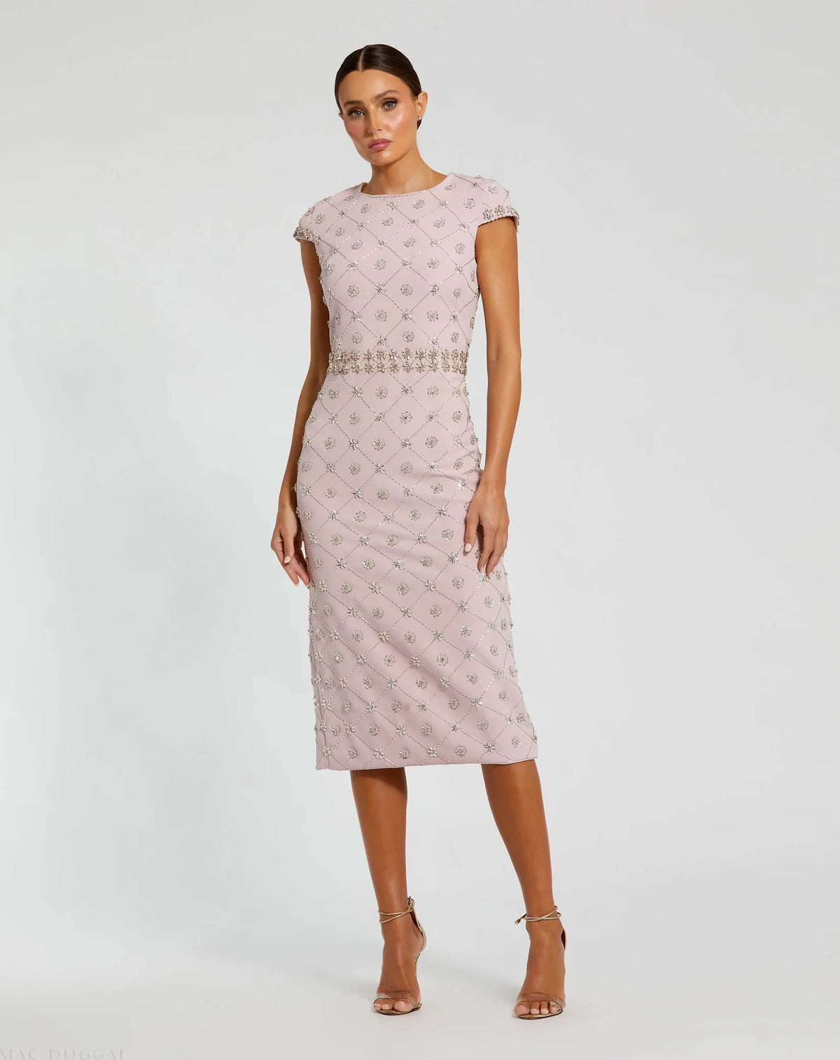 Mac Duggal 2234 Mauve crepe embellished high neck cap sleeve midi dress - front