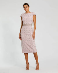 Mac Duggal 2234 Mauve crepe embellished high neck cap sleeve midi dress - front