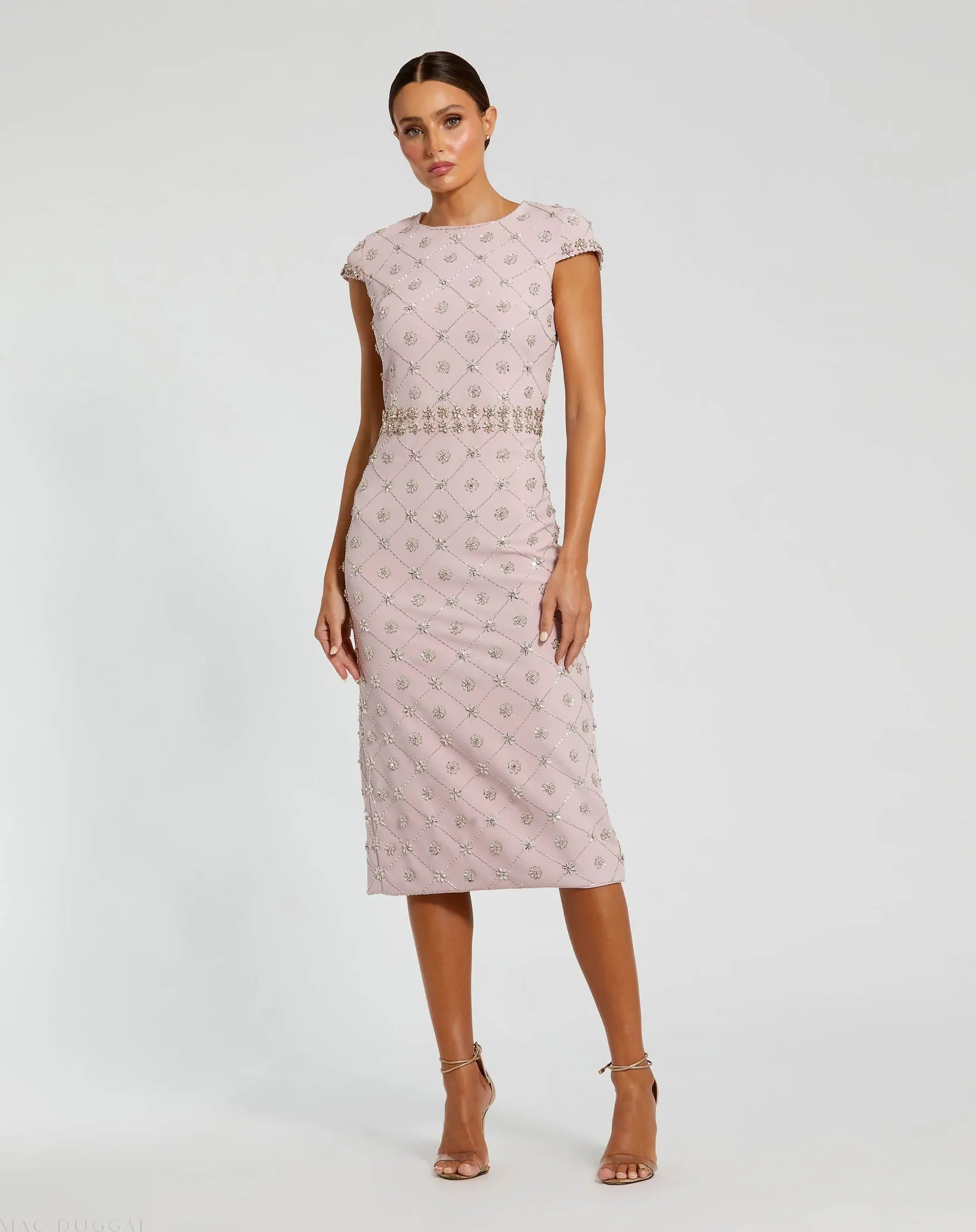 Mac Duggal 2234 Mauve crepe embellished high neck cap sleeve midi dress - front