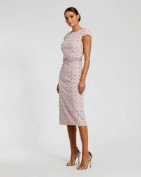 Mac Duggal 2234 Mauve crepe embellished high neck cap sleeve midi dress - side