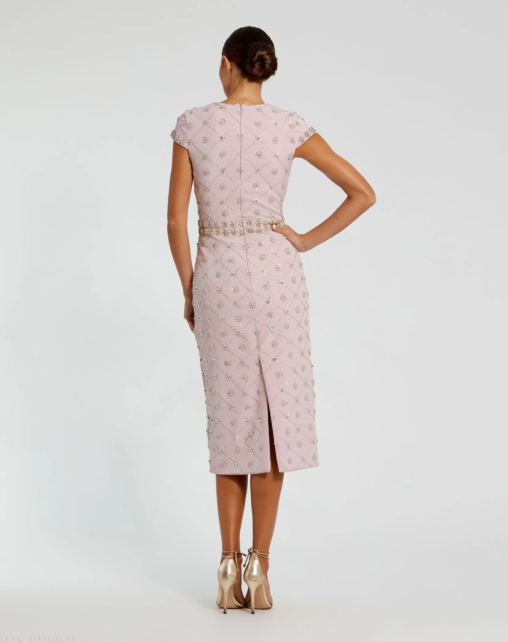 Mac Duggal 2234 Mauve crepe embellished high neck cap sleeve midi dress - back
