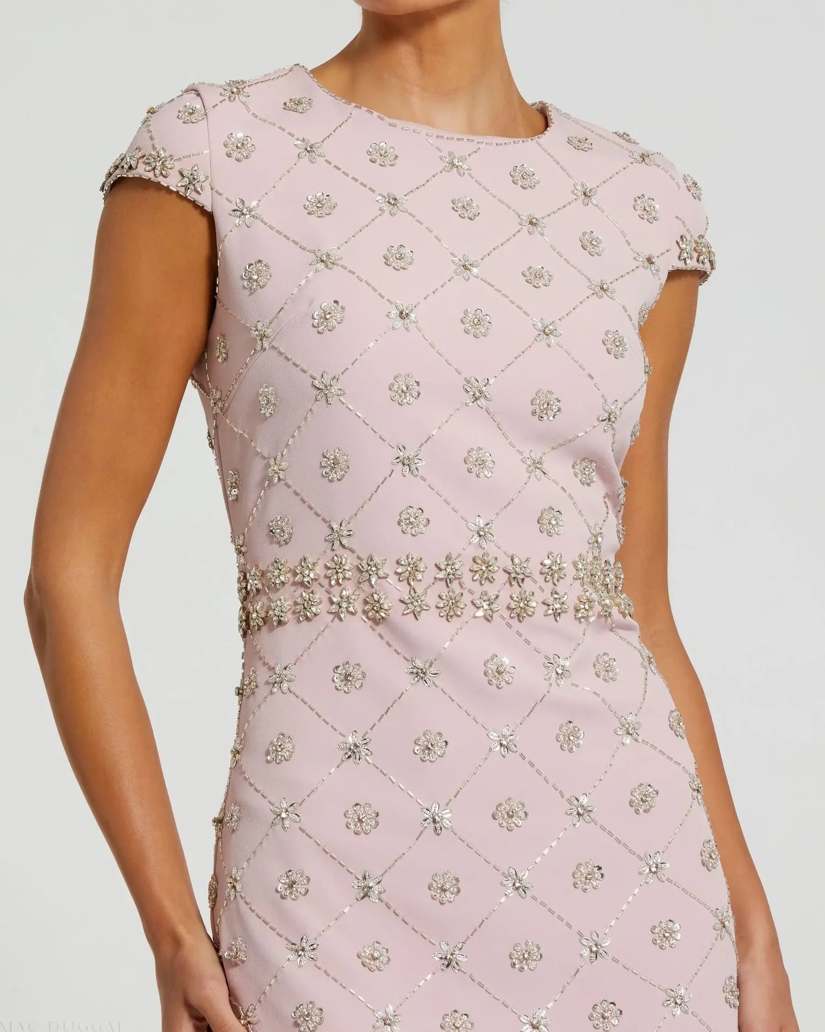 Mac Duggal 2234 Mauve crepe embellished high neck cap sleeve midi dress - detail