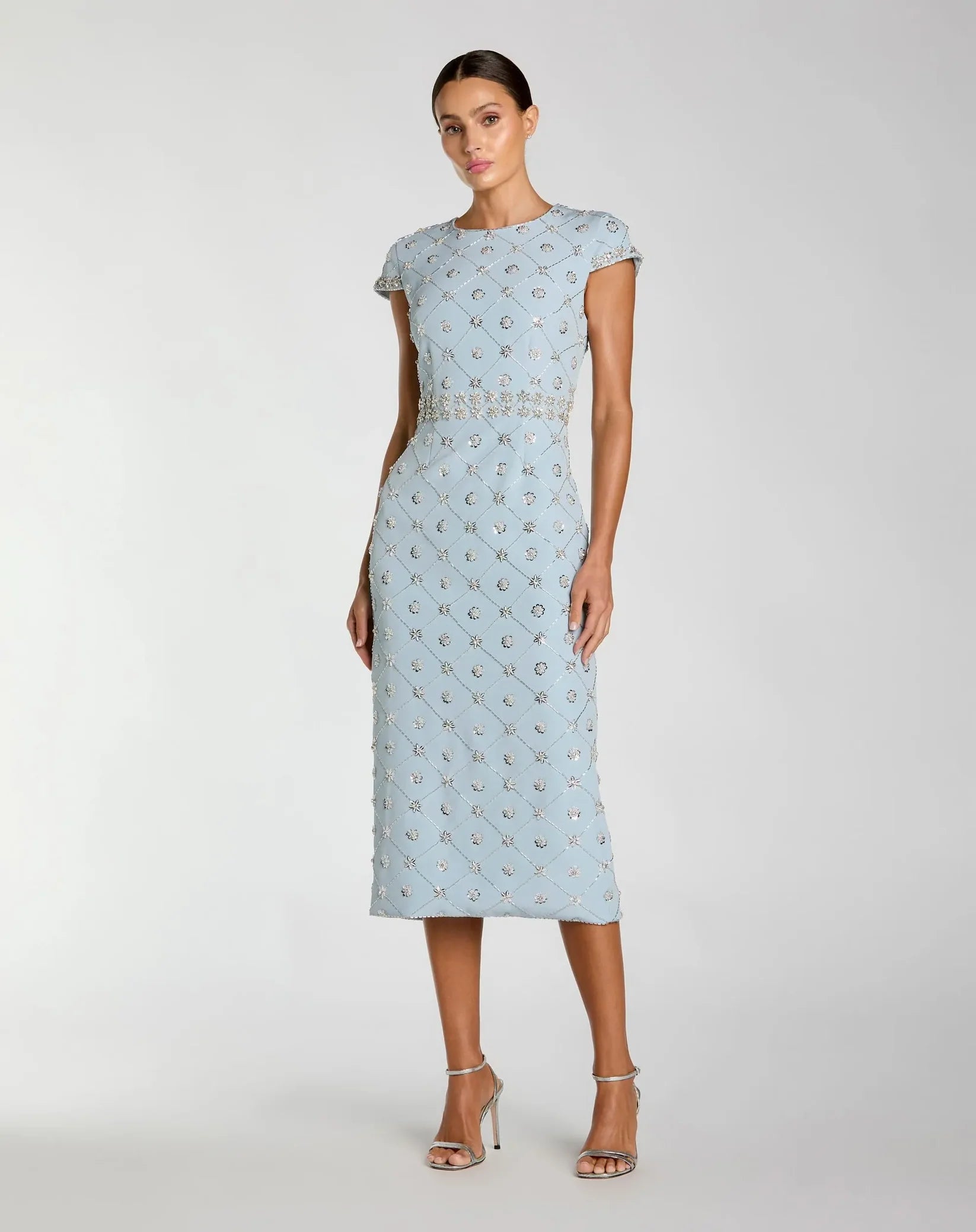 Mac Duggal 2234 Powder Blue crepe embellished high neck cap sleeve midi dress - front