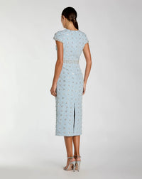 Mac Duggal 2234 Powder Blue crepe embellished high neck cap sleeve midi dress - back