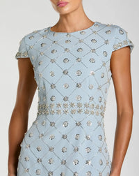 Mac Duggal 2234 Powder Blue crepe embellished high neck cap sleeve midi dress - detail